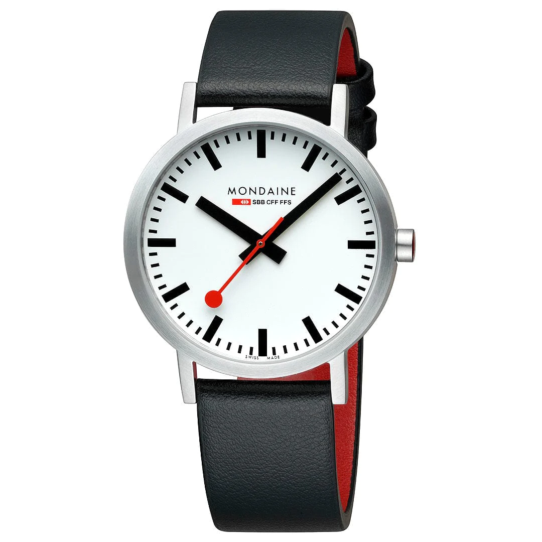 Mondaine Classic 40mm Stainless Steel Black and Red Vegan Leather Watch A660-30360-16SBBV
