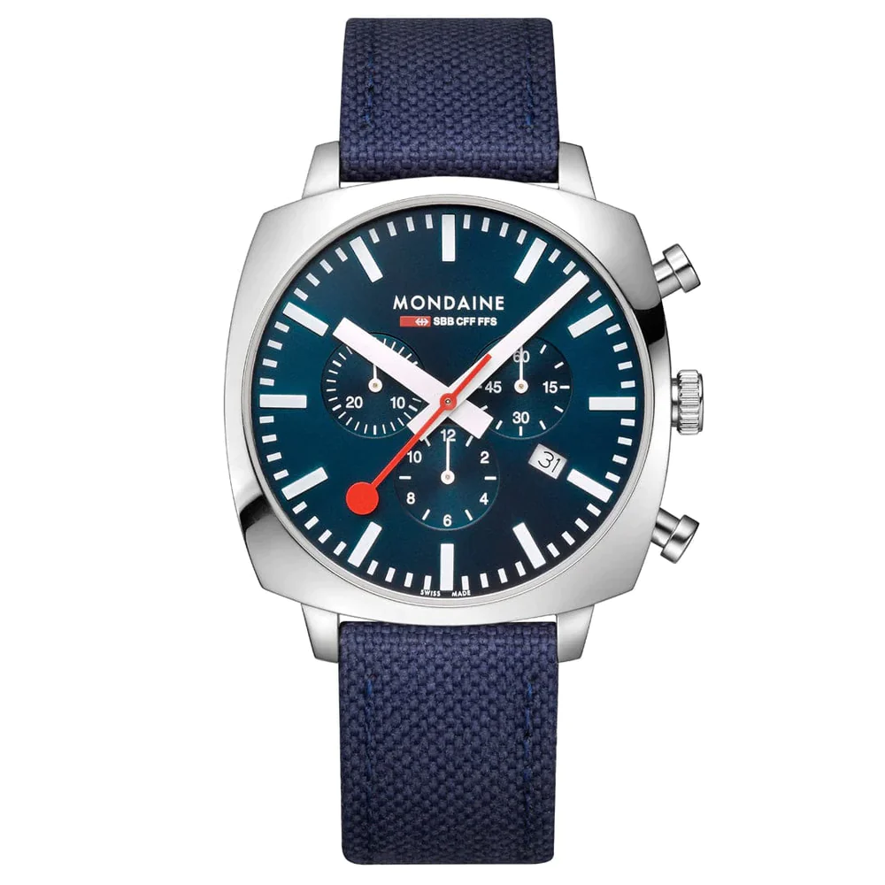 Mondaine Grand Cushion 41mm 2 Strap Blue Dial Stainless Steel Watch Collection MSL-41440-LD-SET