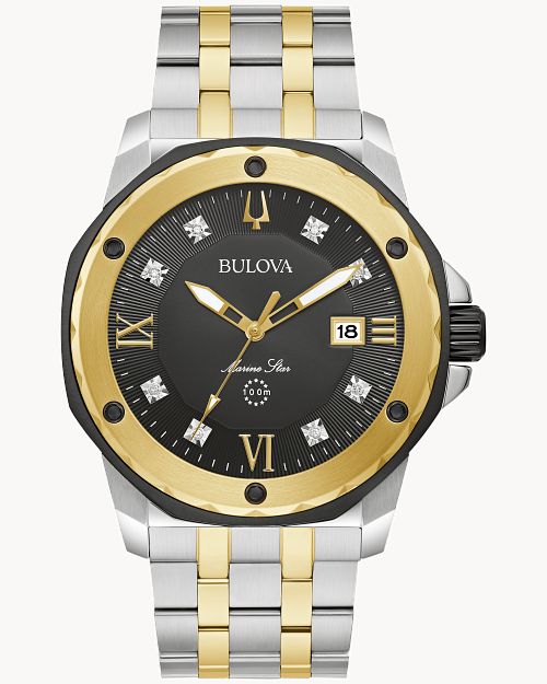 Bulova Marine Star Black Dial Stainless Steel Bracelet Watch 98D175