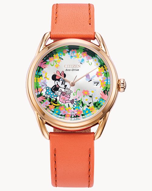 Citizen Disney Gardening Minnie Silver-Tone Dial Leather Strap Watch FE6087-04W