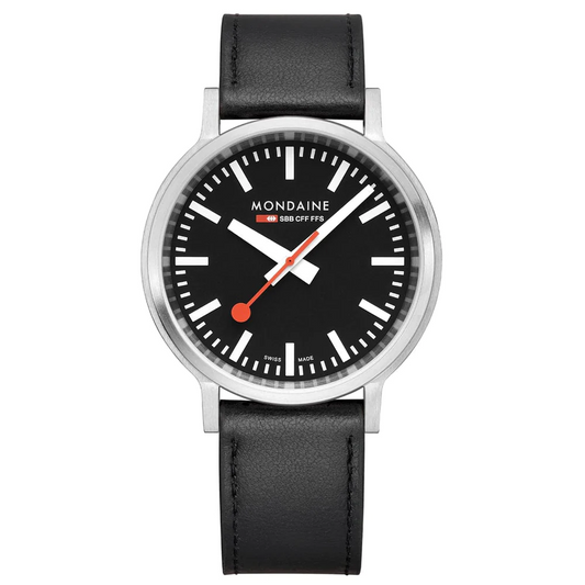 Mondaine Stop2Go 41 MM Stainless Steel Black Vegan Leather Watch MST-41020-LBV-2SE